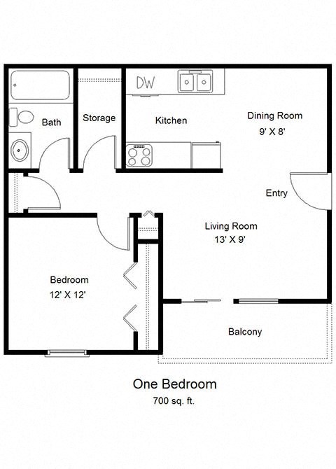 Floor plan for 1 bed, 1 bath, 700 sqft